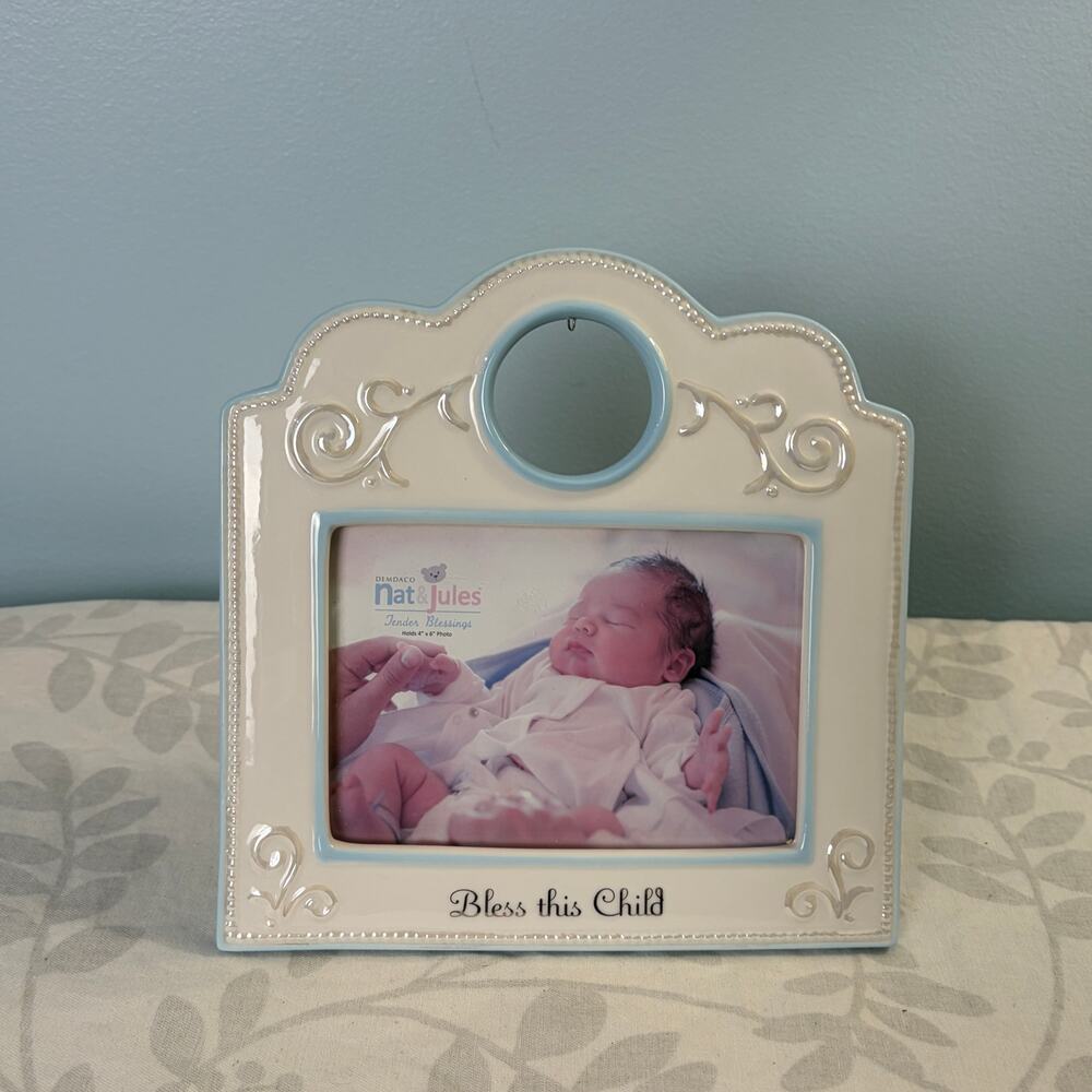 DEMDACO Nat & Jules Bless This Child Ceramic Baby 4x6 Picture Frame Nursery